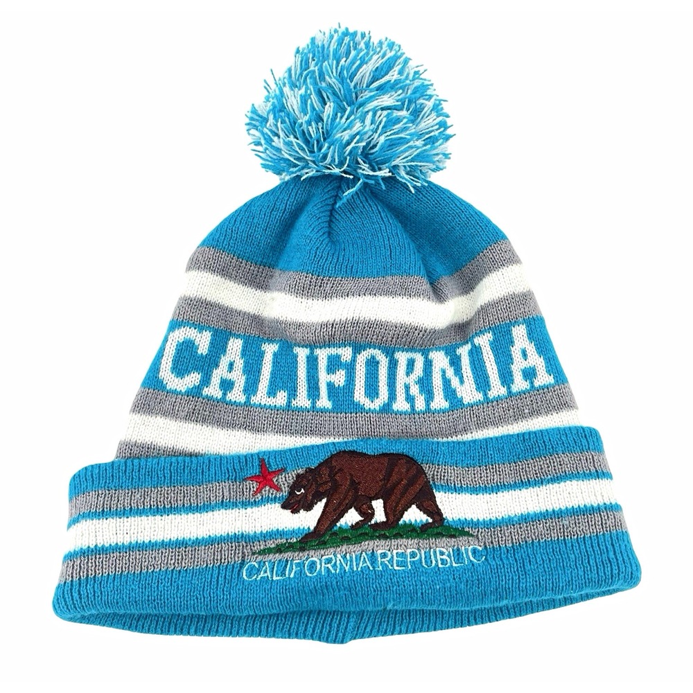 California Republic Bear Striped Knit Beanie Pom Hat Acrylic One Size Unisex